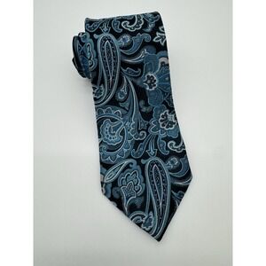 Van Heusen Men's Tie Blue Black Paisley 100% Silk Classic Wide Neck Tie